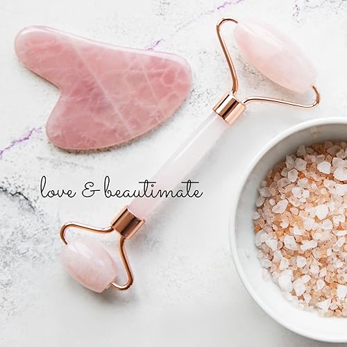Miniatura 2 de Kit de rodillo de jade rosa de cuarzo y Gua Sha para el cuidado de la piel de la cara, herramienta de escultura de piedra, masajeador guasha de