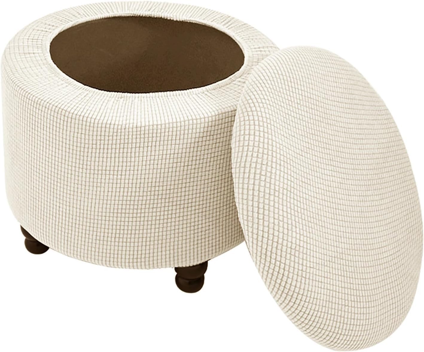 Copri Pouf Rotondo 2 Pezzi Elasticizzati con Coperchio Fodera per Poggiapiedi Morbida Lavabile in Macchina Copertura Ottomana con Fondo Antiscivolo(Cream Color)
