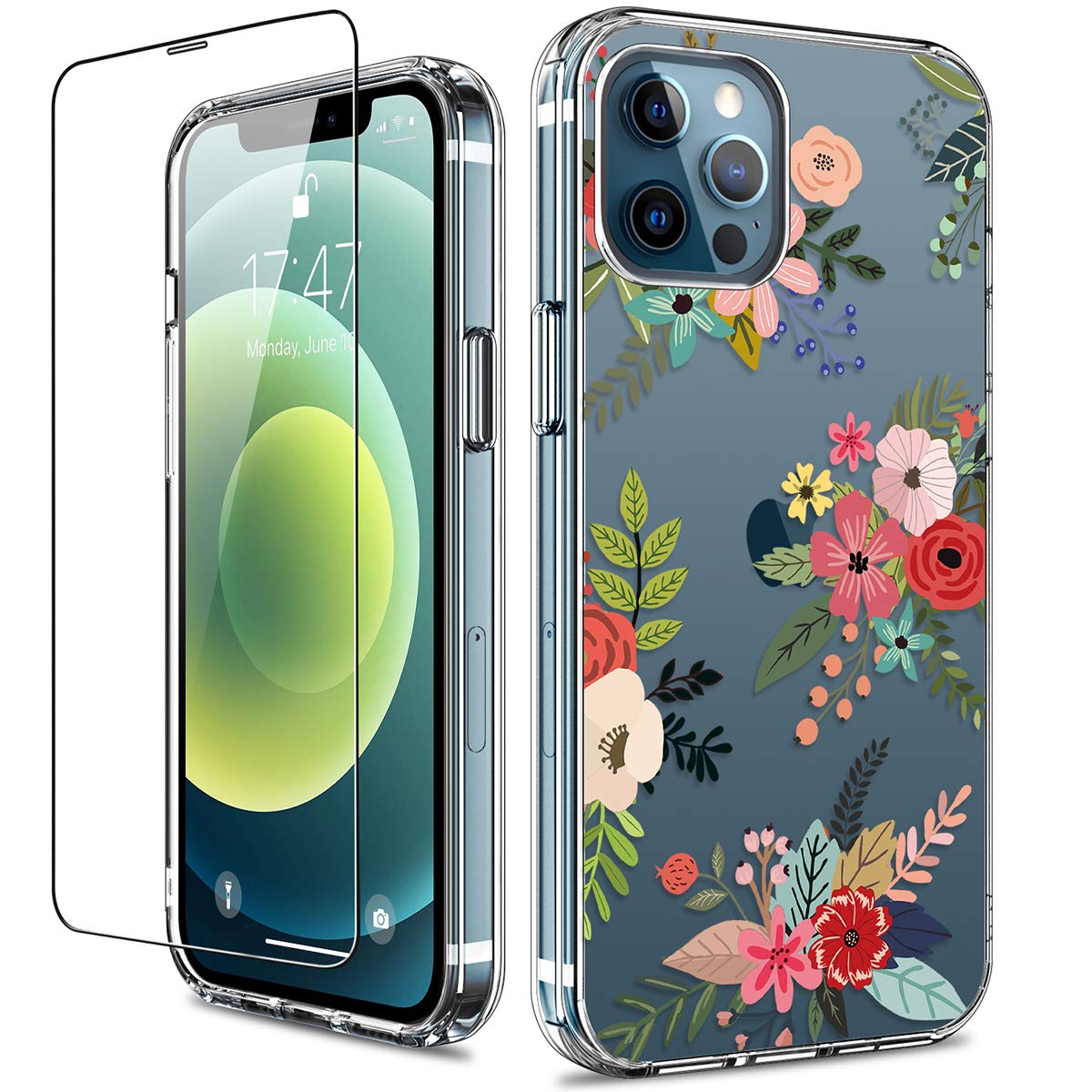 GiiKa for iPhone 12 Pro Max Case with Screen Protector, Clear Full Body Shockproof Protective Floral Girls Women Hard Case with TPU Bumper Cover Phone Case for iPhone 12 Pro Max, Flowers