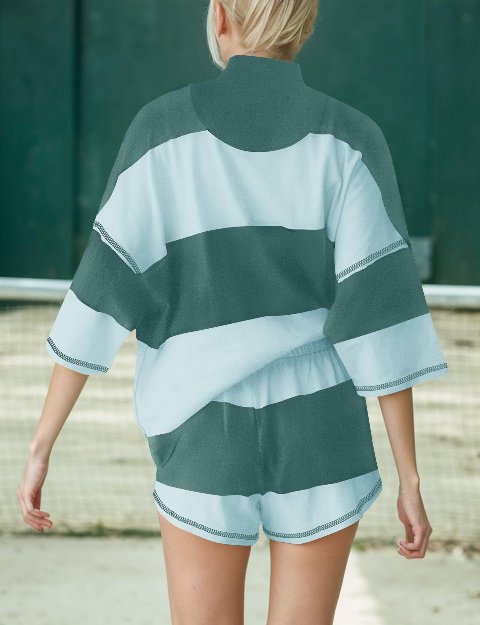 Burtell Conjunto de sudadera a rayas de 2 piezas para mujer, media cremallera, manga corta, pantalones cortos, conjuntos de verano para descansar, conjuntos de entrenamiento holgados