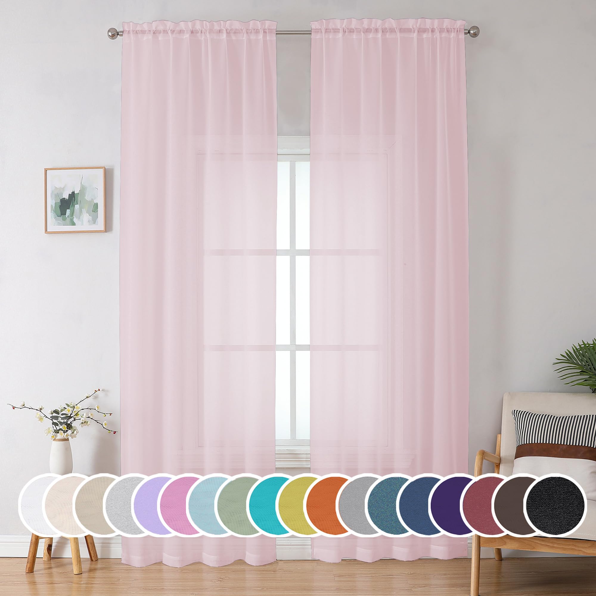 Extra Long Sheer Curtains 96 Inches Long, Rod Pocket Airy Solid Blush Sheer Panels, Elegant Voile Sheer Curtains &amp; Drapes for Living Room Bedroom 2 Panels Set, Each 42Wx96L inch
