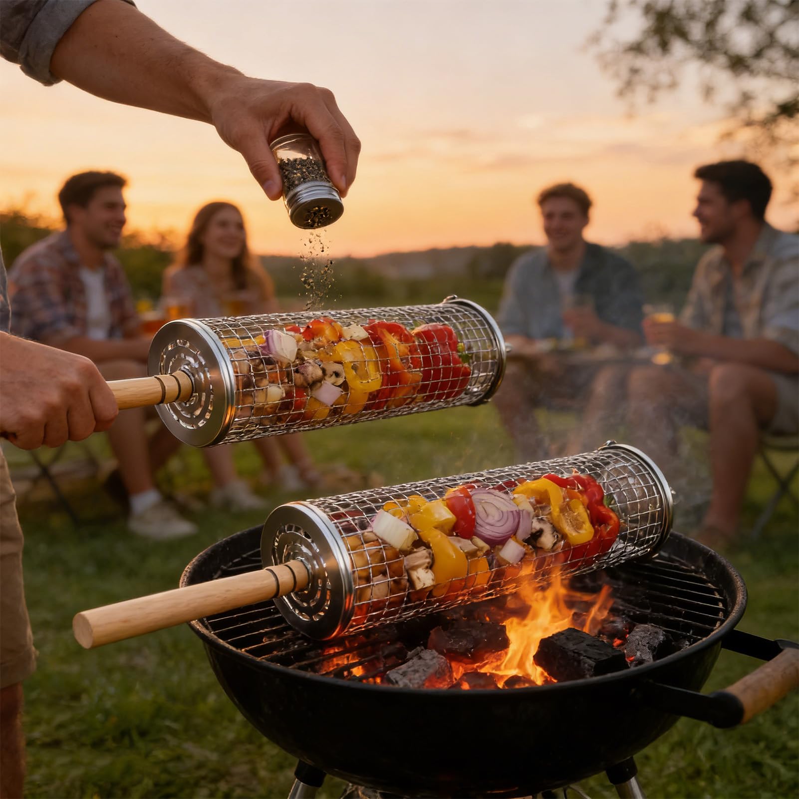 Rollbarer Grillkorb aus Edelstahl, Grillnetz, Kochutensilien für den Außenbereich