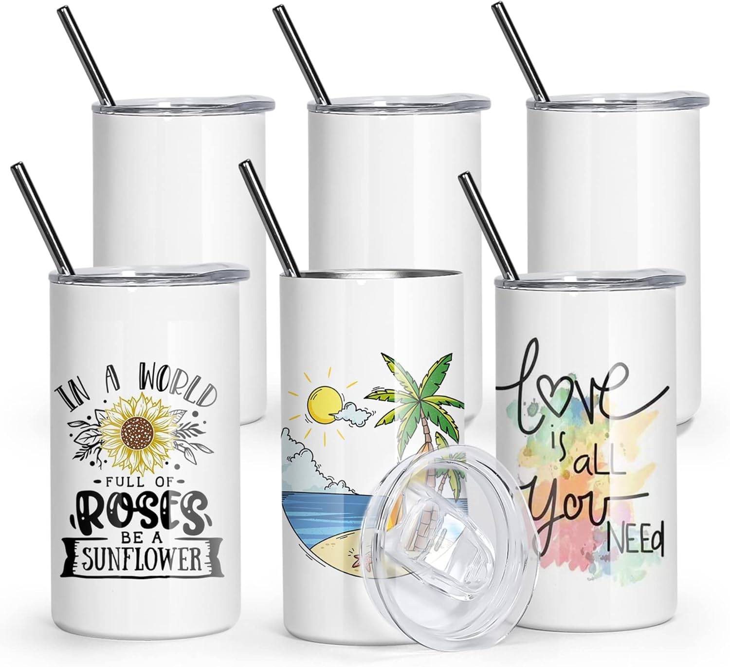 sweet grain 12 oz Sublimation Tumblers Stainless Steel Straight Double Wall Vacuum 6 Pack White Kids Sublimation Tumblers Blanks with Lids and Straws for DIY Gift Coffee