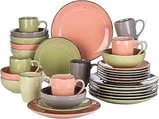 Vancasso Navia Jardin zestaw obiadowy, kamionka w stylu vintage, wielokolorowa zastawa stołowa, 32-częściowy zestaw serwisowy dla 8 os., w tym talerz obiadowy, talerz deserowy, miska na musli i kubek