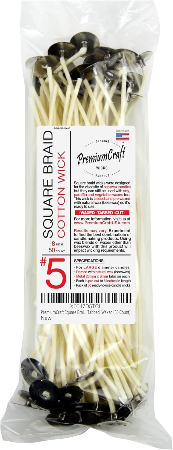 Square Braid Cotton Candle Wick - #5, Tabbed, Waxed (50 Count), Natural, SB5WT