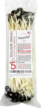 Square Braid Cotton Candle Wick - #5, Tabbed, Waxed 50 Count, Natural, SB5WT