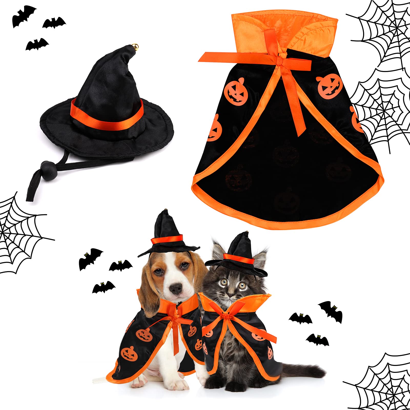 Capa de Mascota para Halloween, Gatos Disfraz de Mago con Sombrero, Perros Traje Capa de Bruja, Disfraz de Vampiro Disfraz de Gato Accesorios para Gatitos Cachorros,para La Magia de Halloween Cosplay