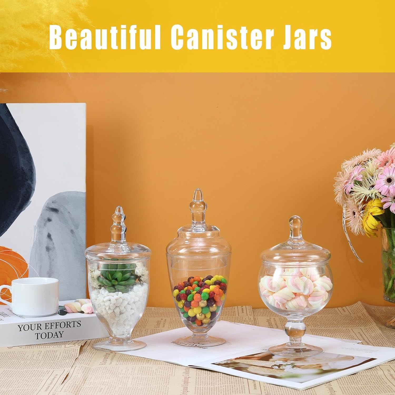 Apothecary Jars Glass Decorative Candy Jars, Buffet Display, Elegant Storage Jar, Decorative Wedding Candy Organizer Canisters 3 Pack