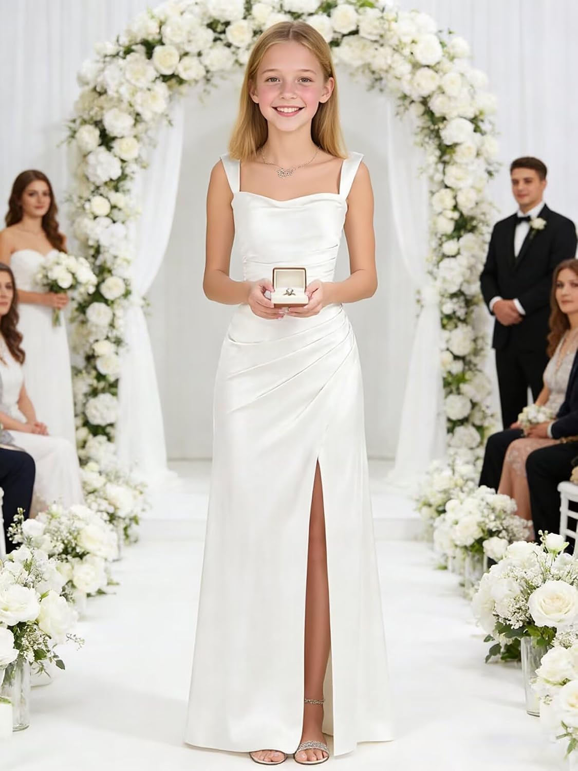 Satin Flower Girl Dress for Teens Junior Bridesmaid Dresses Slit Cowl Neck Pleated Formal Party Evening Gown