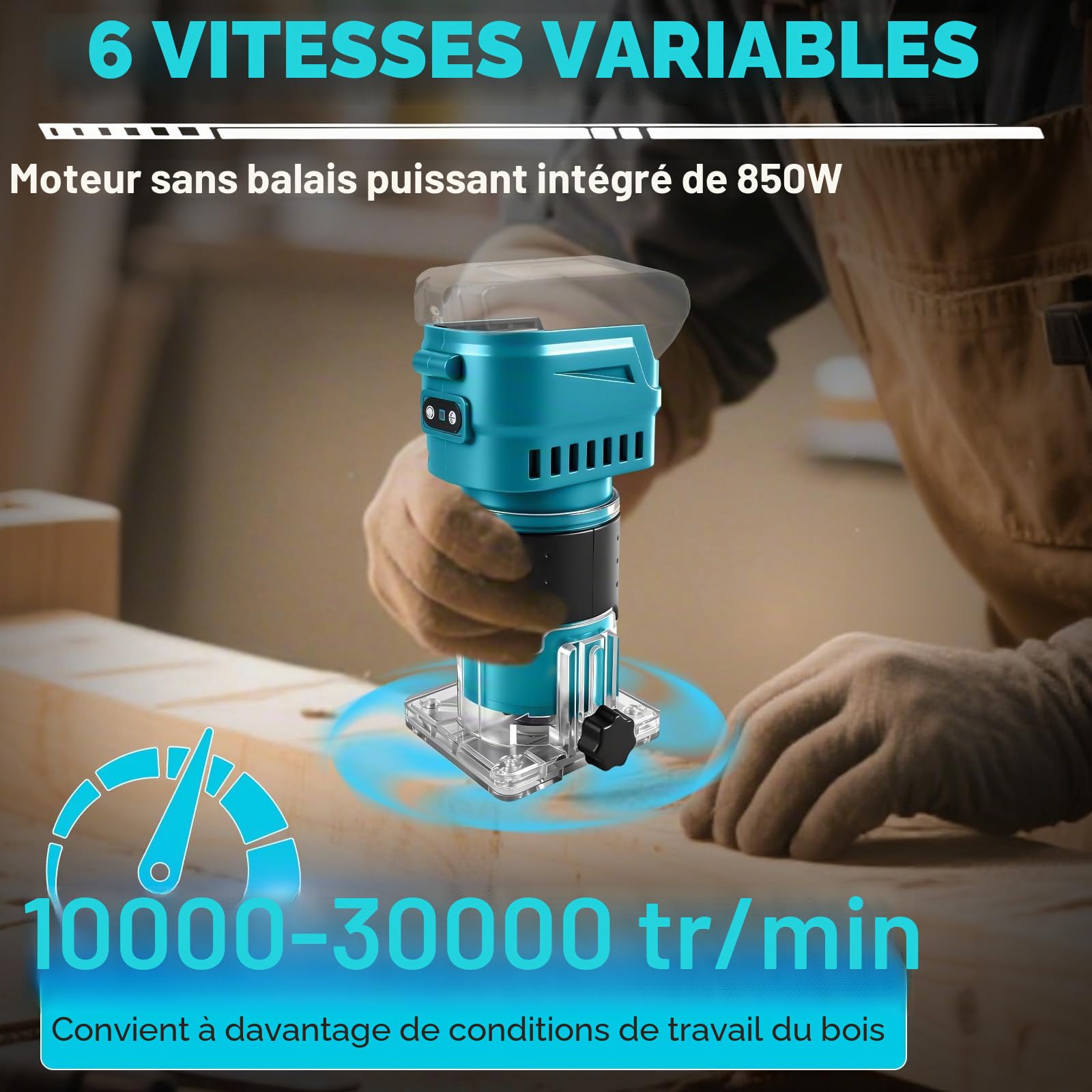 Fraiseuse sans fil compatible avec batterie Makita 18 V, 850 W, 30 000 tr/min, tailleuse de bois sans balais à 6 vitesses pour le travail du bois avec 15 pièces de fraises de 1/4" (sans batterie)