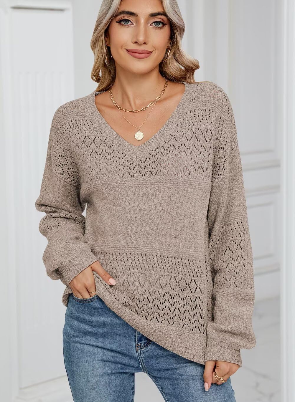 JOCAFIYE Womens Sweaters Casual Long Sleeve V Neck Lightweight Hollow Out Pullover Sweater Tops - Image 5