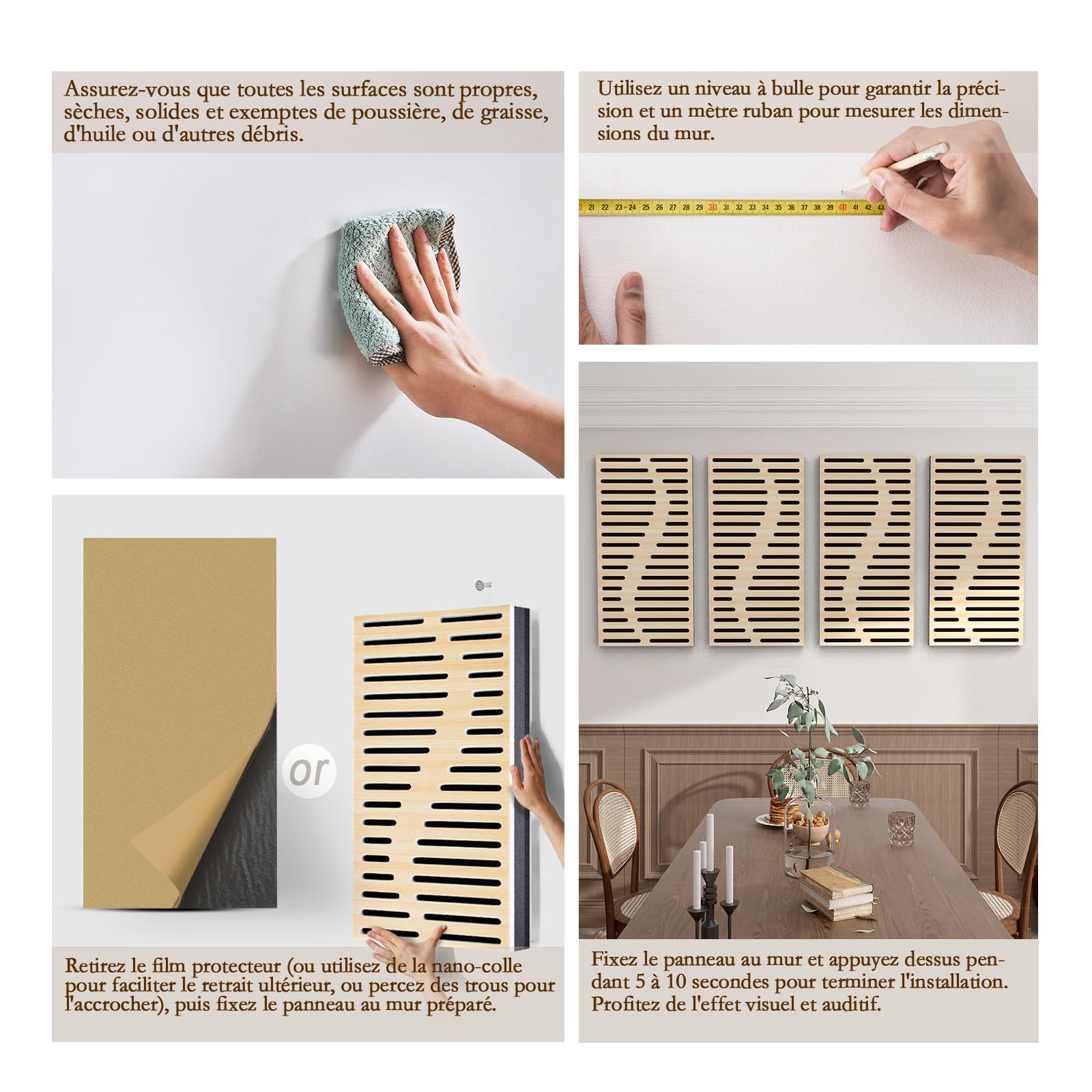 JBER Lot de 4 panneaux acoustiques en mousse - Autocollants et insonorisants pour murs - Panneaux muraux décoratifs 3D en fibre de polyester perforée à trois couches pour studio d'enregistrement