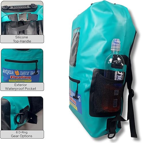 Miniatura 3 de Mochila impermeable de 28 L, bolsa seca verde azulado para teléfono celular con ventana exterior para un fácil uso durante todos los deportes