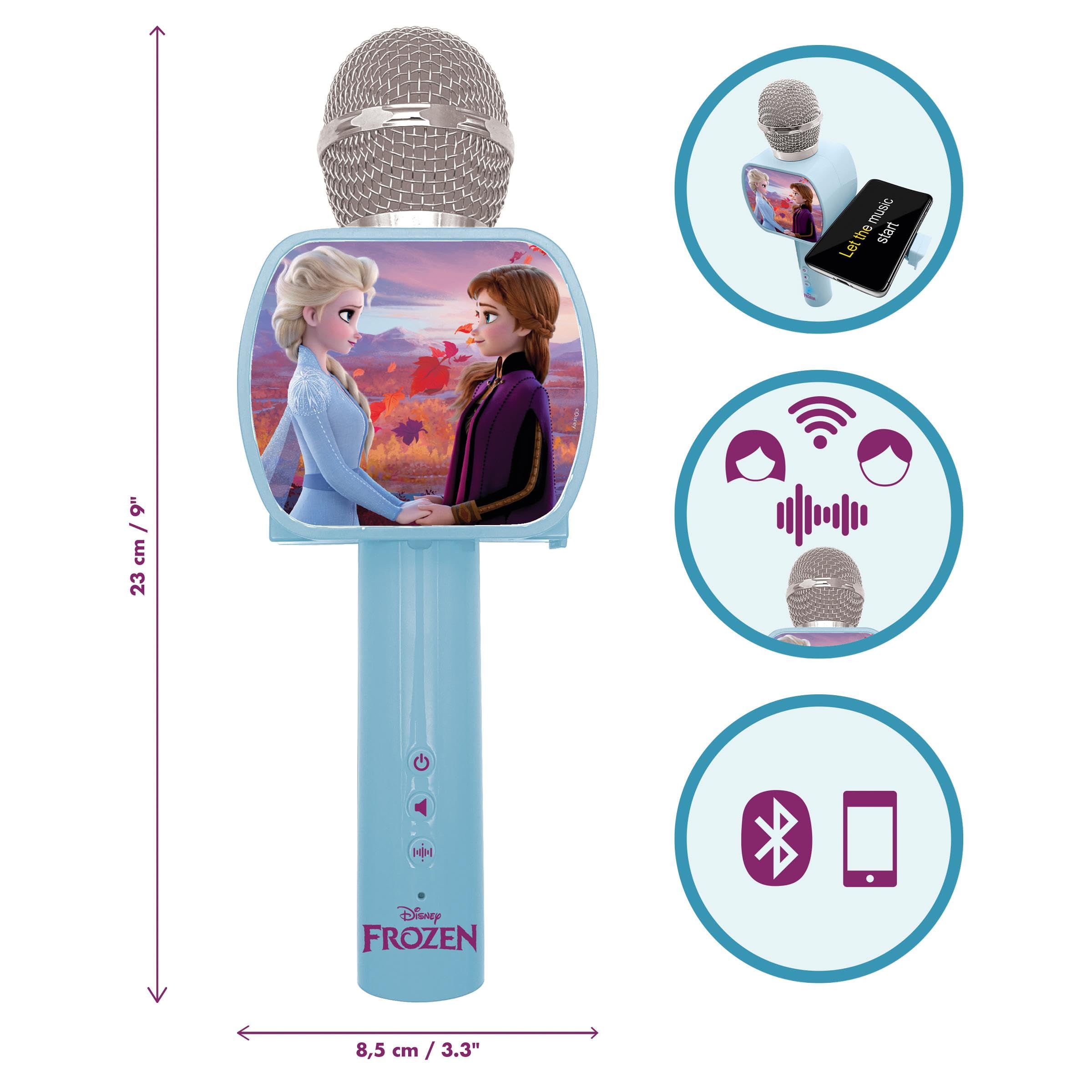 Lexibook Frozen 2 Elsa Anna Olaf Microfono Bluetooth® con Funzione commutatore vocale, Porta-Telefono Retrattile Incluso, Altoparlante Incorporato, Blu, MIC240FZLXB