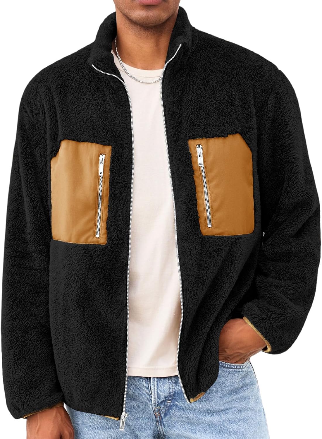 Yousify Mens Fuzzy Sherpa Jacket Casual Fleece Full Zip Stand Collar Coat Fall Winter Warm Outwear