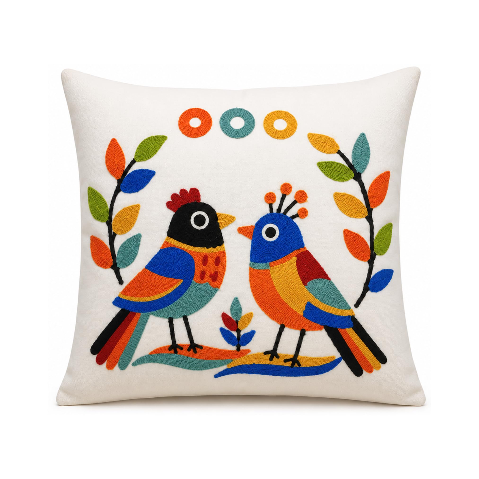 Zosiana Designs Embroidered Throw Pillow Cover 18x18 Inch – Decorative Cushion Cover with Hidden Zipper for Couch Sofa Bed, Canvas Pillowcase, Floral Animal Design (Boho Birds)