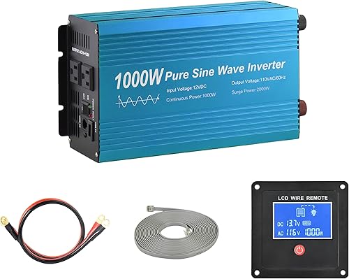Miniatura 1 de Inversor de corriente de onda sinusoidal pura 1000W DC12V a CA 110V con enchufes dobles y USB, kit remoto LCD. (1000W)