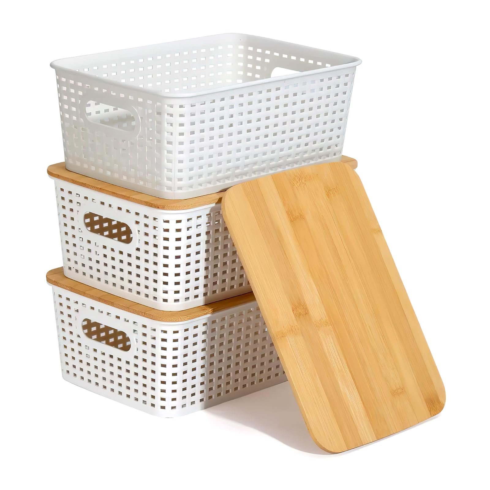 APOMOONS 3PCS cajas de almacenamiento con tapa de bambú, cestas de almacenamiento de plástico para cuarto de baño con asa para estanterías de cocina blanco apilables para Dormitorio Bandeja