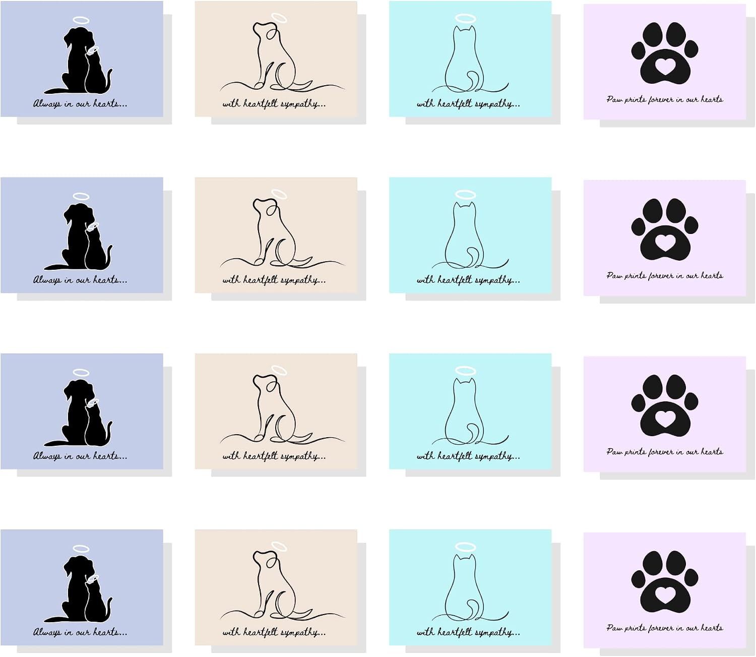 Lashicorn Pet Sympathy Note Cards Bulk Mixed 16 Pack | 5.5 x 4 inches Notecard | 4 Designs | Pet Loss | 16 Total With Envelopes