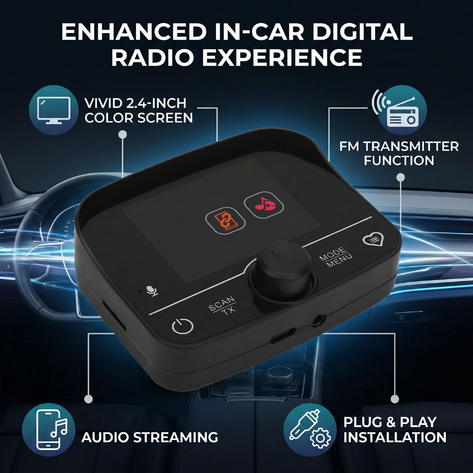 Receptor de Radio Dab para Coche de 2.4 Pulgadas con Bluetooth Transmisor FM Manos Libres para Salpicadero