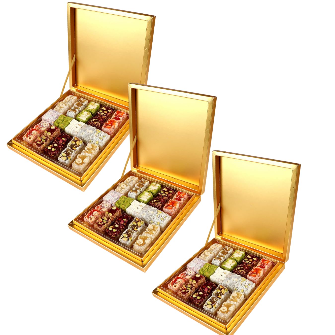 Double Roasted and Sultan Turkish Delight - Gold Gift Box - Pistachio, Almond, Walnut, Hazelnut, Fig and More, Eid and Gift Sweets - 1.1 lb x 3 Packet