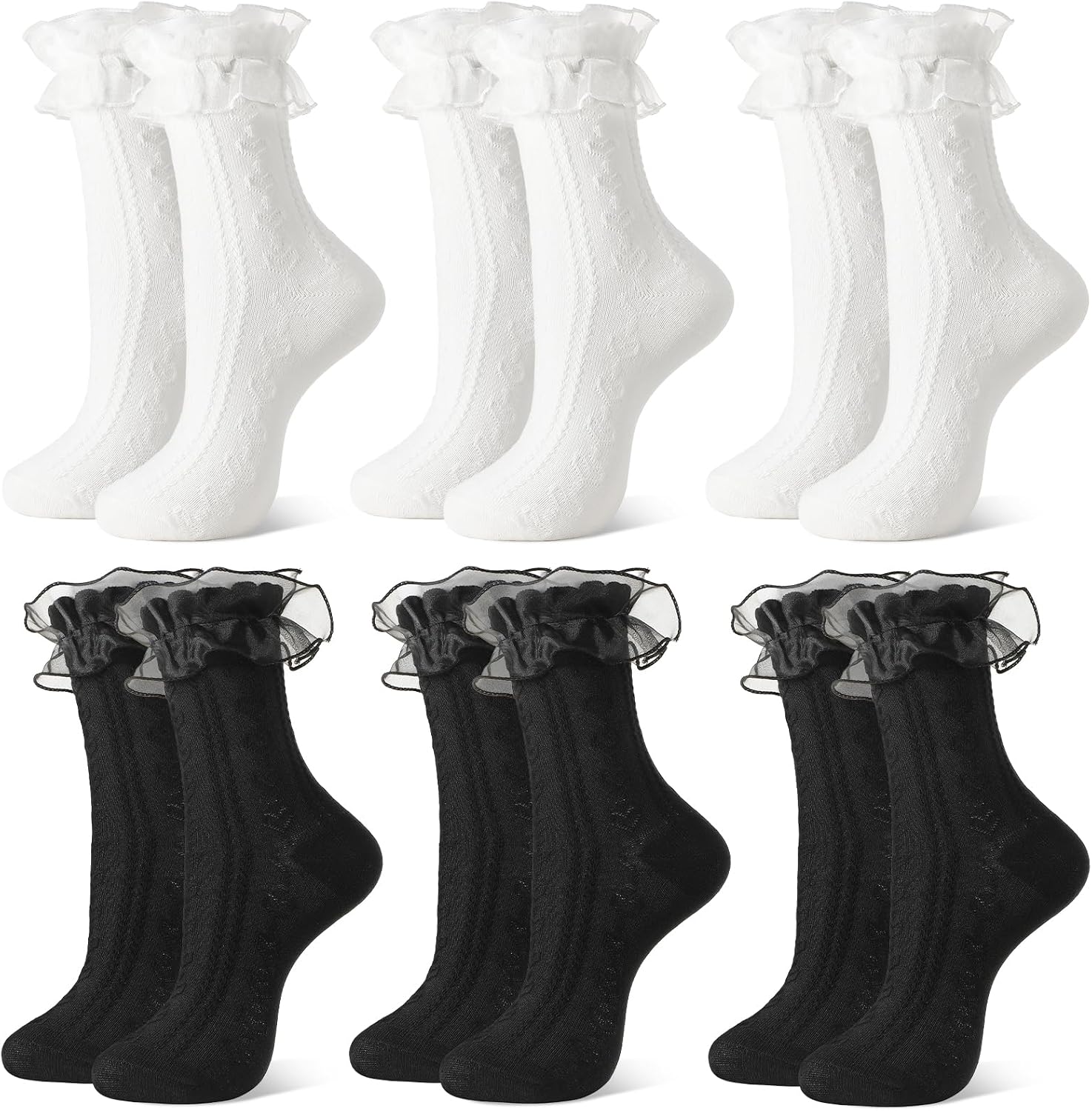 Women Lace Ruffle Socks 6 Pairs Cotton Frilly Ankle Socks Soft Stretchy Cute Sock