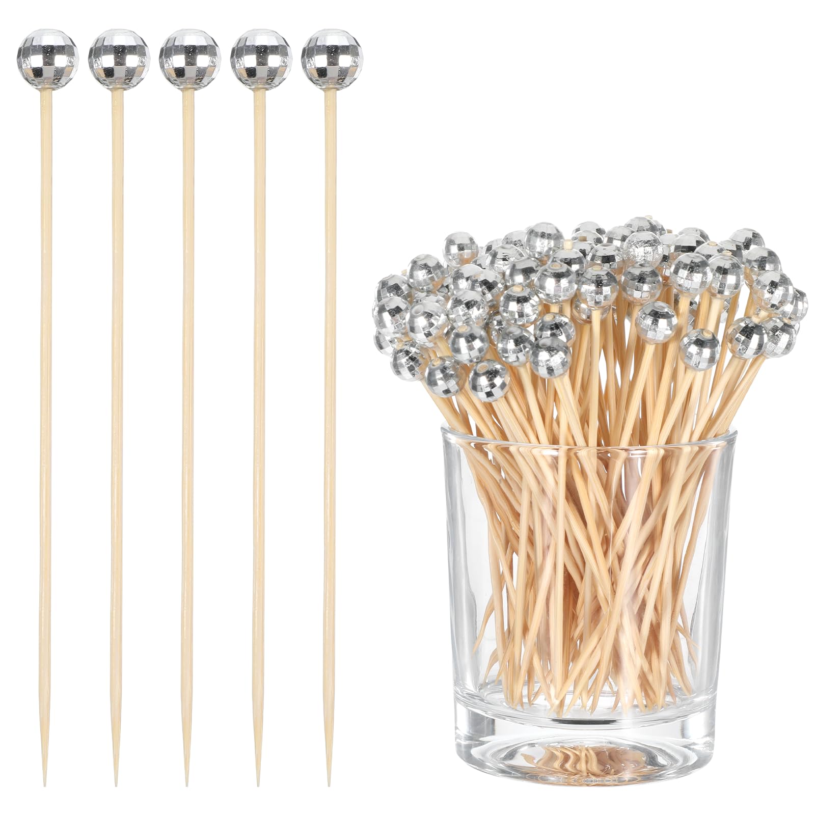 Photo 1 of 100 Pcs Cocktail Picks Toothpicks, 4.7 Inch Silver Toothpicks Silver Wooden Food Pick Skewers Decorative Toothpick Mirror Ball Drink Stirrers for Appetizers, Food, Drinks, Fruits, Party Supplies