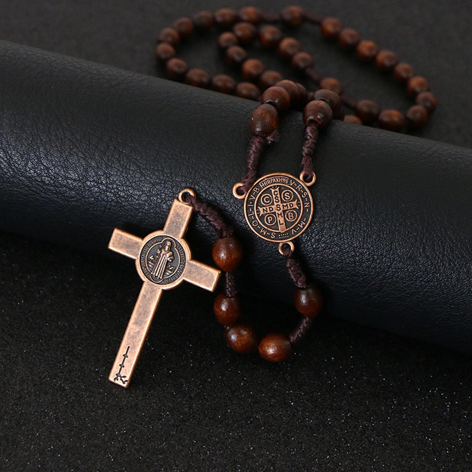 Ryaupy 2PCS Rosario Gerusalemme Legno D'ulivo - Collana con Crocifisso Fatto a Mano - Gioielli Religiosi con Medaglia Cattolica per Uomini e Donne (Colori Scuri e Legno