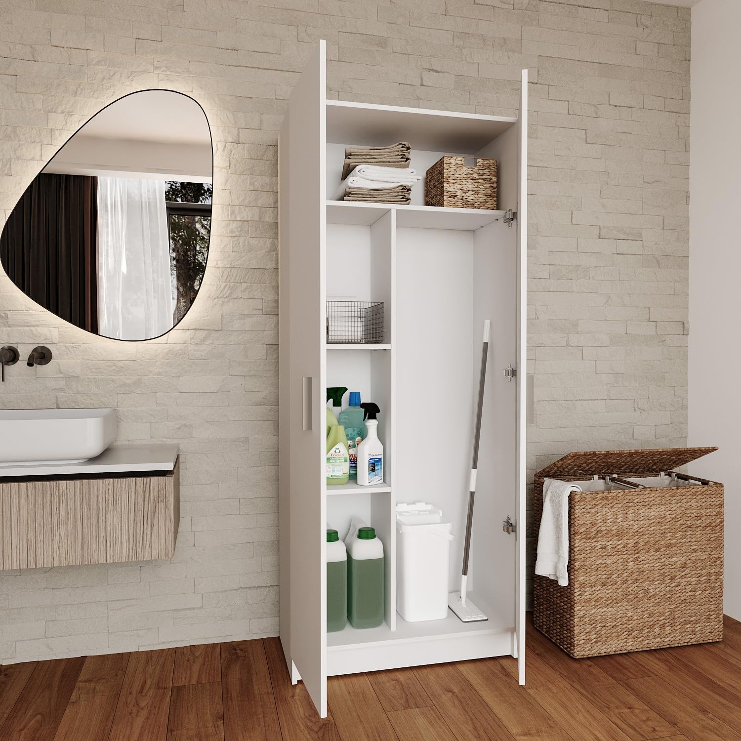 Bricozone Armadio Multiuso In Melaminico Bianco Opaco Con 2 Ante Maniglie Metalliche E Ripiani Interni Spazio Per Scope Asse Da Stiro Elettrodomestici Adatto Per Casa Garage Cucina Lavanderia