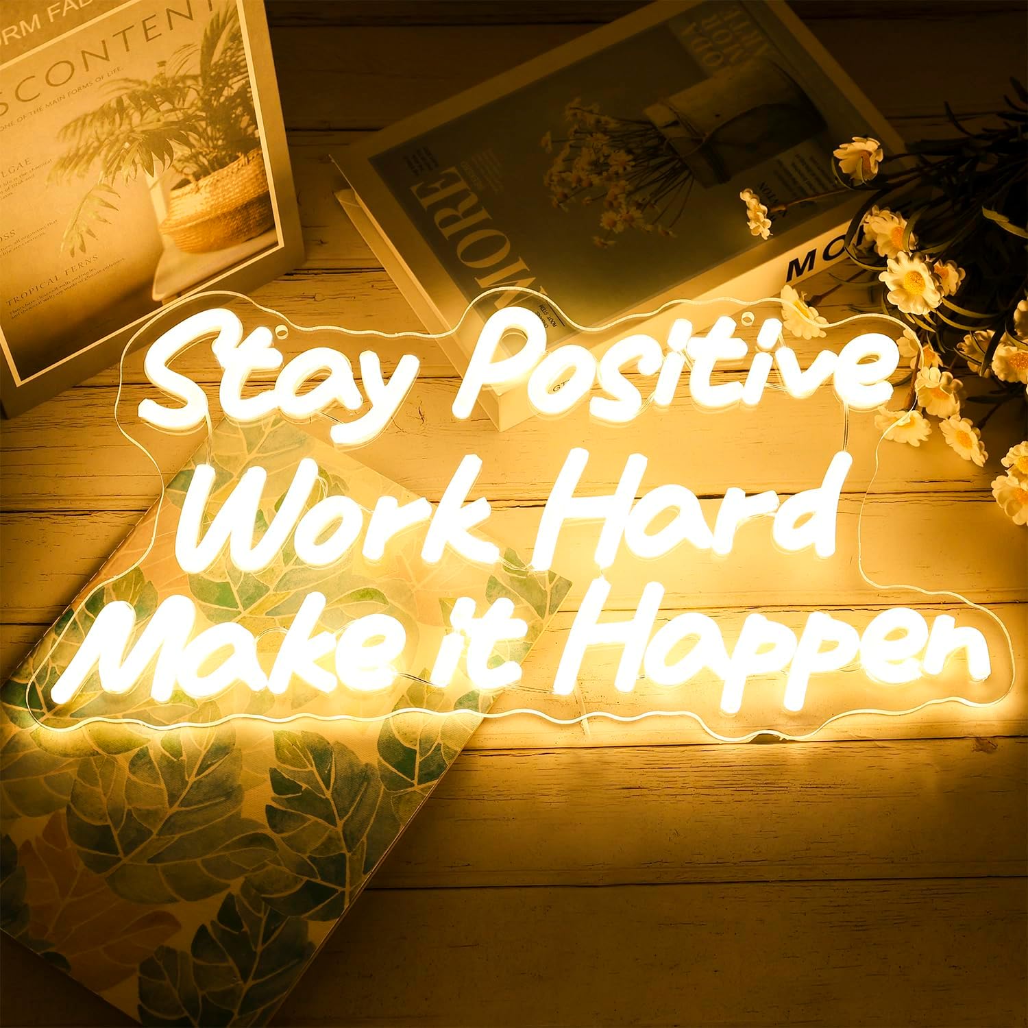 Stay Positive Work Hard Make It Happen Neon Sign Dimmable Neon Signs for Wall Decor Inspirational Wall Art Motivational USB LED Light Up Sign for Bedroom Office Living Room Decoration for Women Men