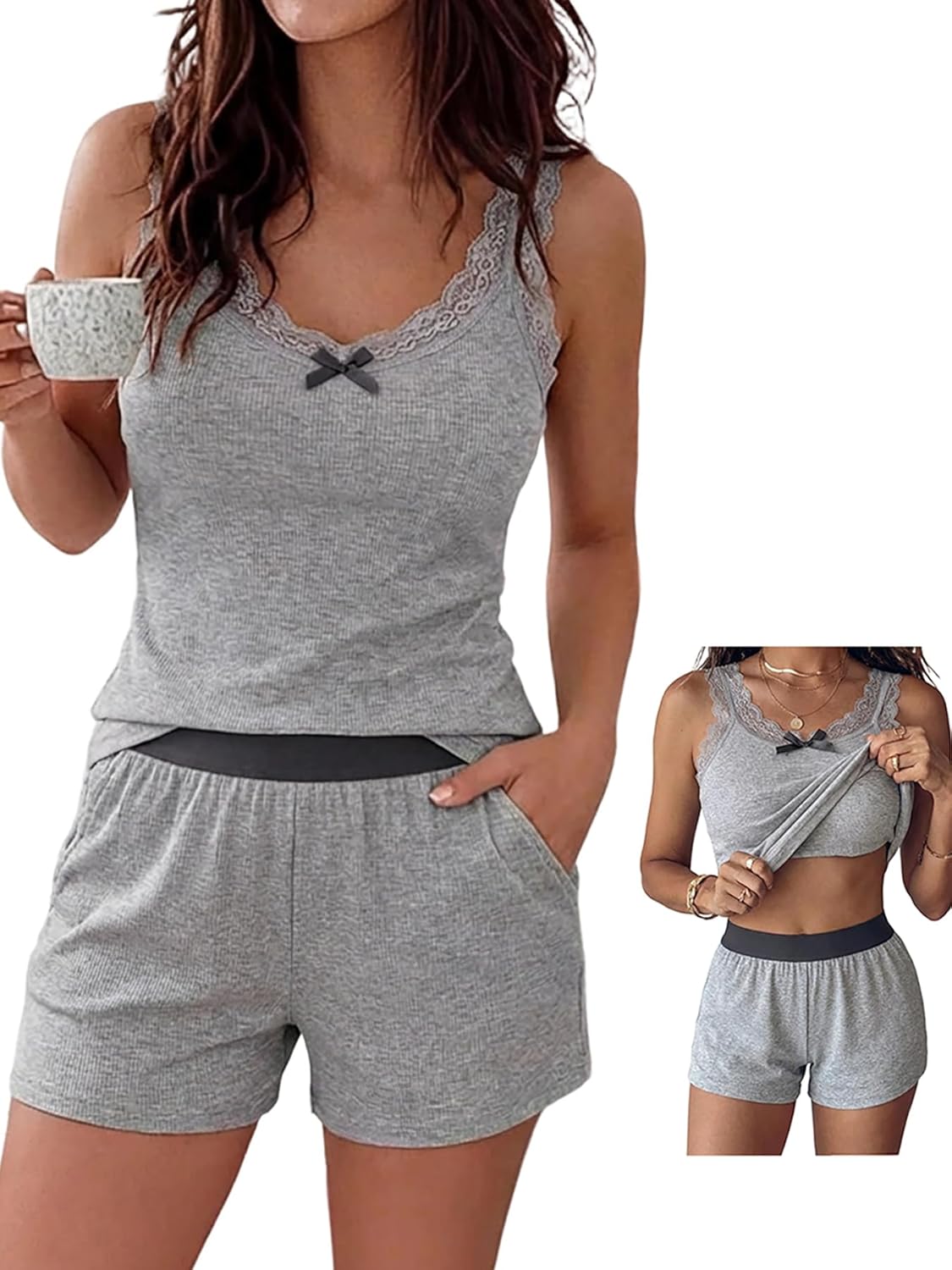 CHICME LOFT Women 2 Piece Pajamas Set with Built-in Bra Ribbed Tank Top and Shorts Lace Sleeveless Loungewear