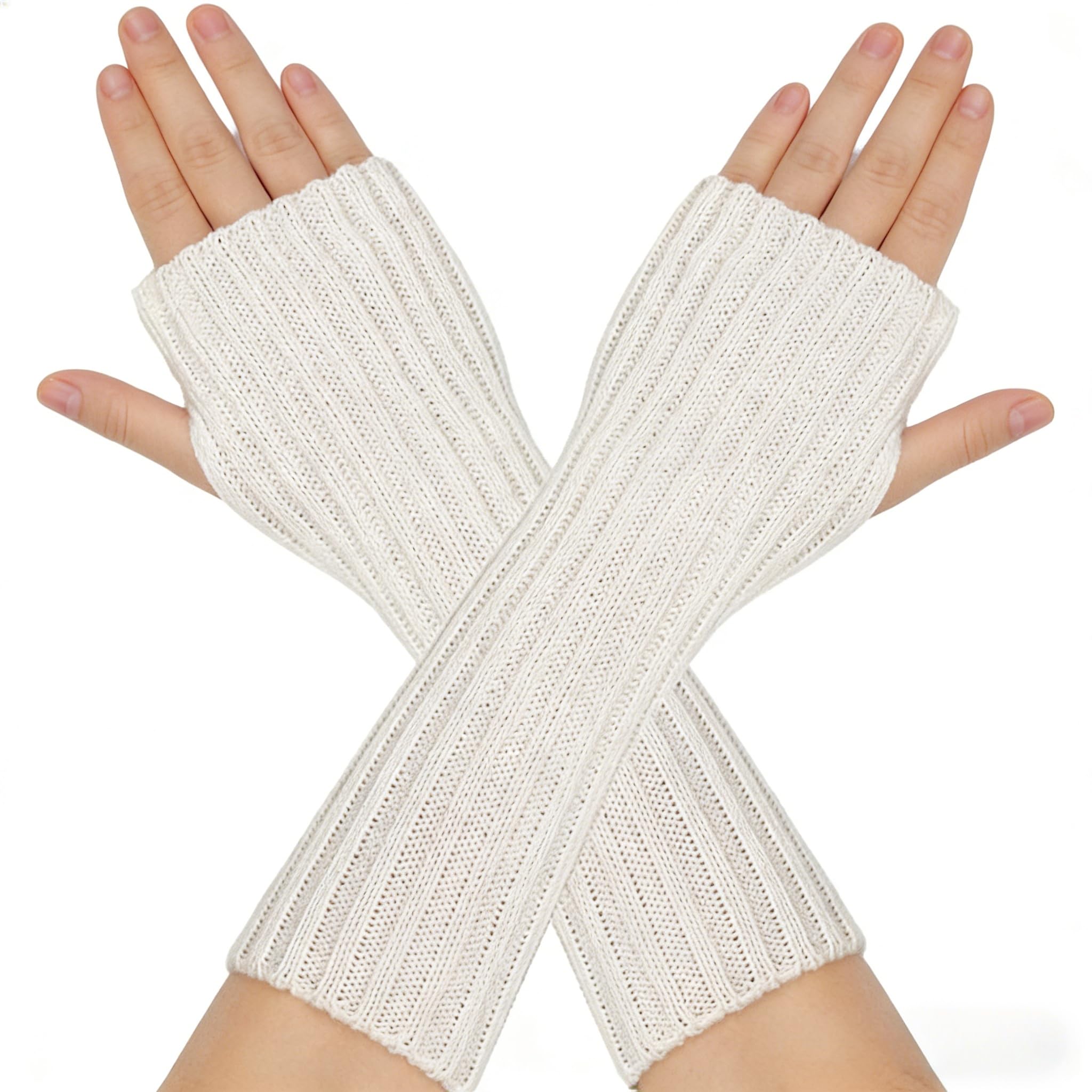 LSYZHX Knitted Wrist Warmers Womens, Knitted Fingerless Gloves, Winter Thumbhole Gloves for Women (WHITE)
