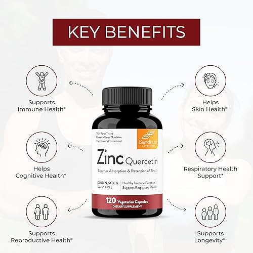 Miniatura 3 de Sandhu's - Cápsulas vegetarianas de zinc y quercetina, suplementos de zinc para el refuerzo inmunológico, antioxidante, sin gluten, soja ni lácteos,