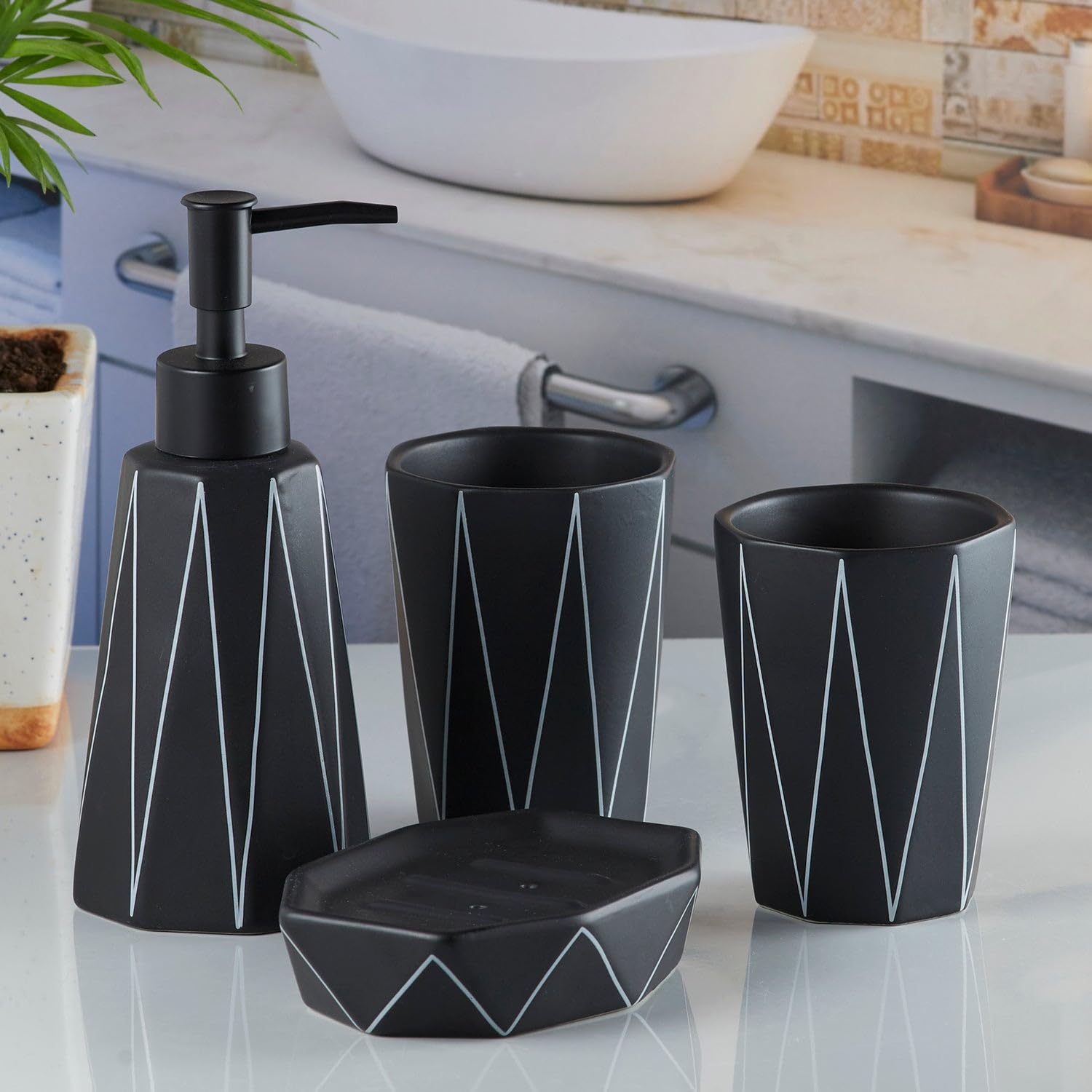 Kookee Ceramic Bathroom Accessories Set of 4, Modern Bath Set with Liquid handwash Soap Dispenser and Toothbrush Holder, Luxury Gift Accessory for Home, Black/White (10243)