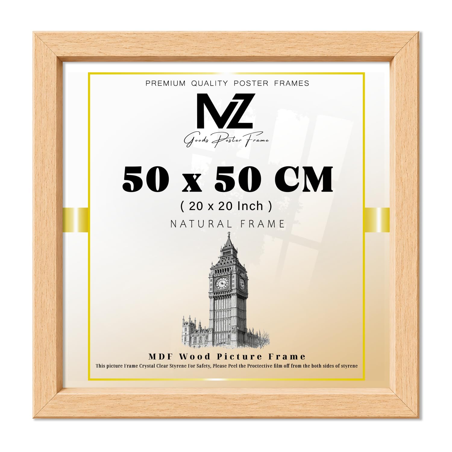 MZ GOODS | Medium (50 x 50 CM) Frame, 100% Engineered Wood Solid, 20 Inch x 20 Inch Picture Frame for Wall Mounting 500 x 500 mm Frame [ Beech ] — image 1