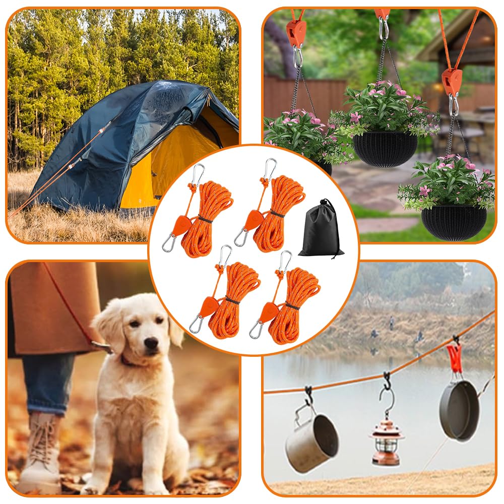 CHmiss Lot 4 Cordes à Cliquet 4m – Avec Poulie, Crochets, Réfléchissantes Pour Tente Camping