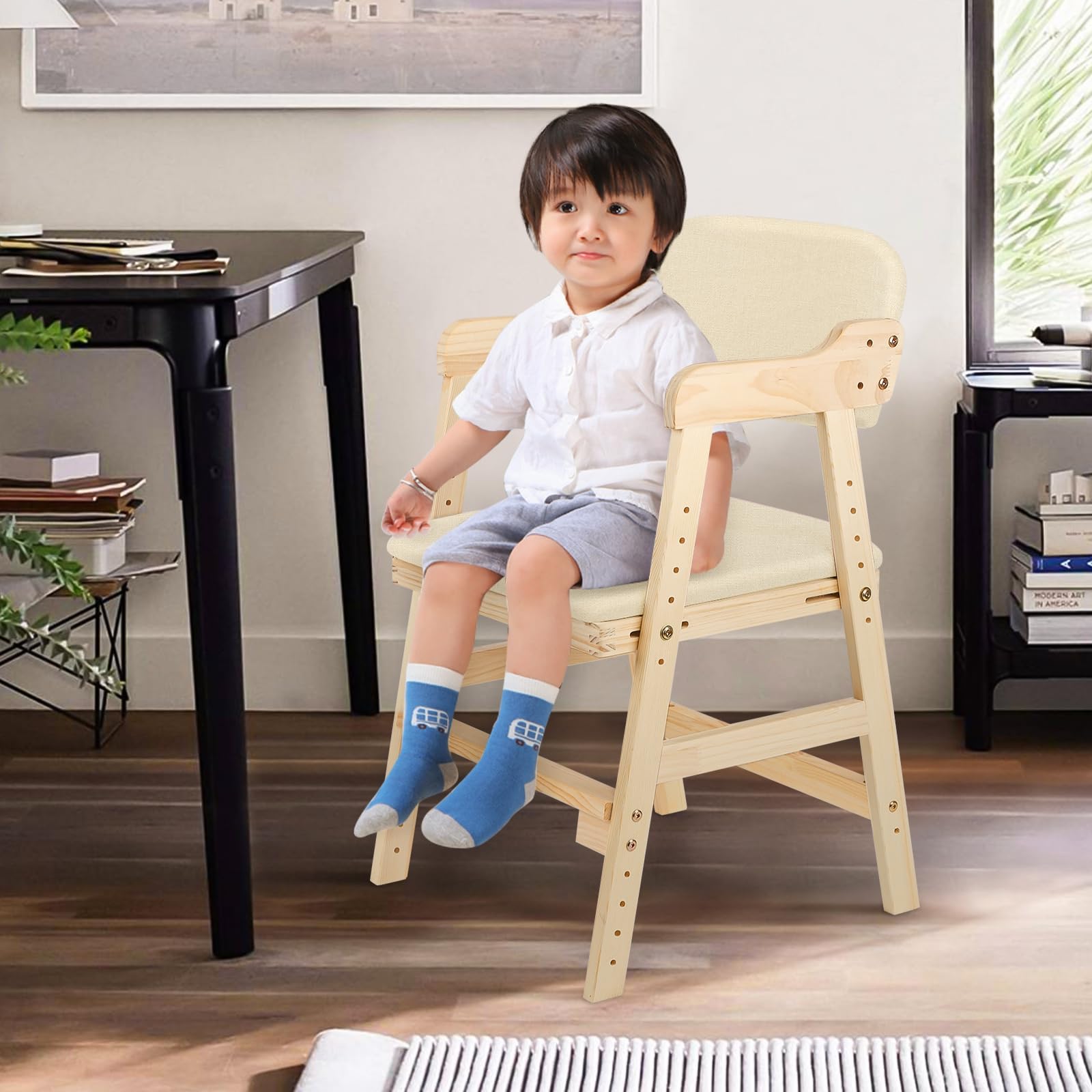 Silla alta escalable de madera maciza + bandeja de comedor desmontable – – 6 meses hasta 70 kg Altura ajustable – Con cojín de asiento, niños y adultos ，48 x 46 x 78 cm - Beige