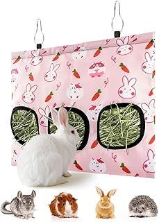ERKOON 3-Loch Heusack für Kaninchen Meerschweinchen - Heu-Futterspender zum Aufhängen, großes Fassungsvermögen, Grasregal mit Hasen- und Karotten-Design, waschbar, reduziert Abfall, passt für Hase product image