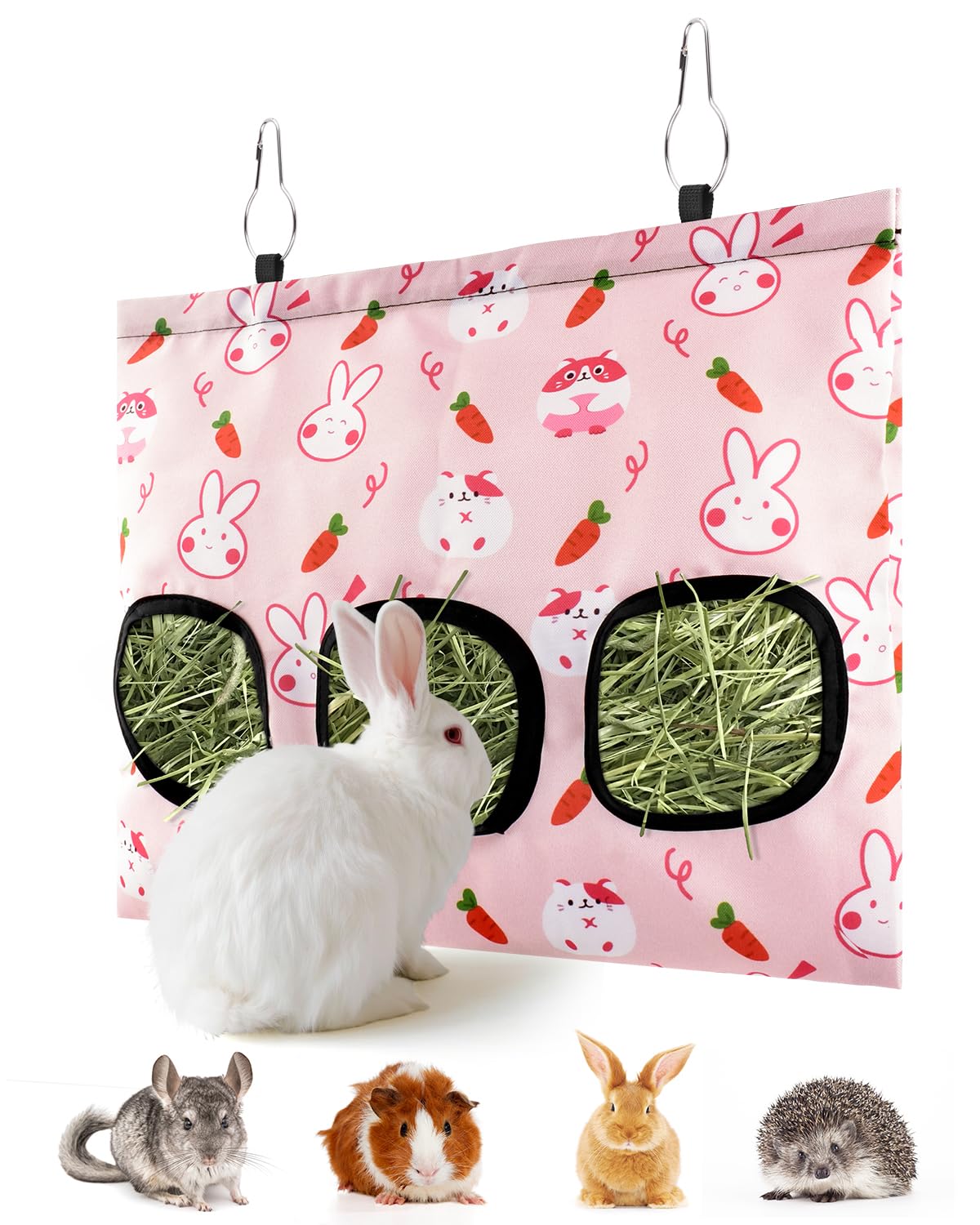 ERKOON 3-Hole Hay Bag for Rabbits & Guinea Pigs, Hanging Hay Feeder, Large-Capacity Grass Rack with Bunny & Carrot Design