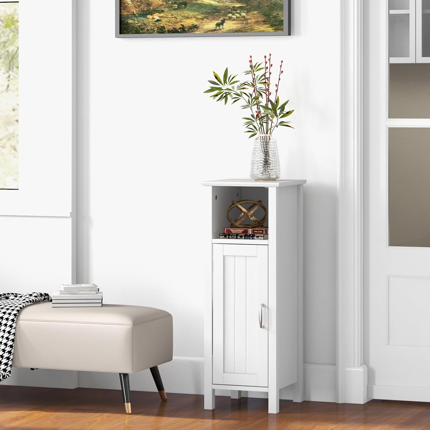 Giantex Narrow Bathroom Storage Cabinet - Corner Unit with Open Compartment, Adjustable Shelf, Anti-toppling Device, Freestanding Small Storage Organizer for Living Room, Floor Cabinet (White)