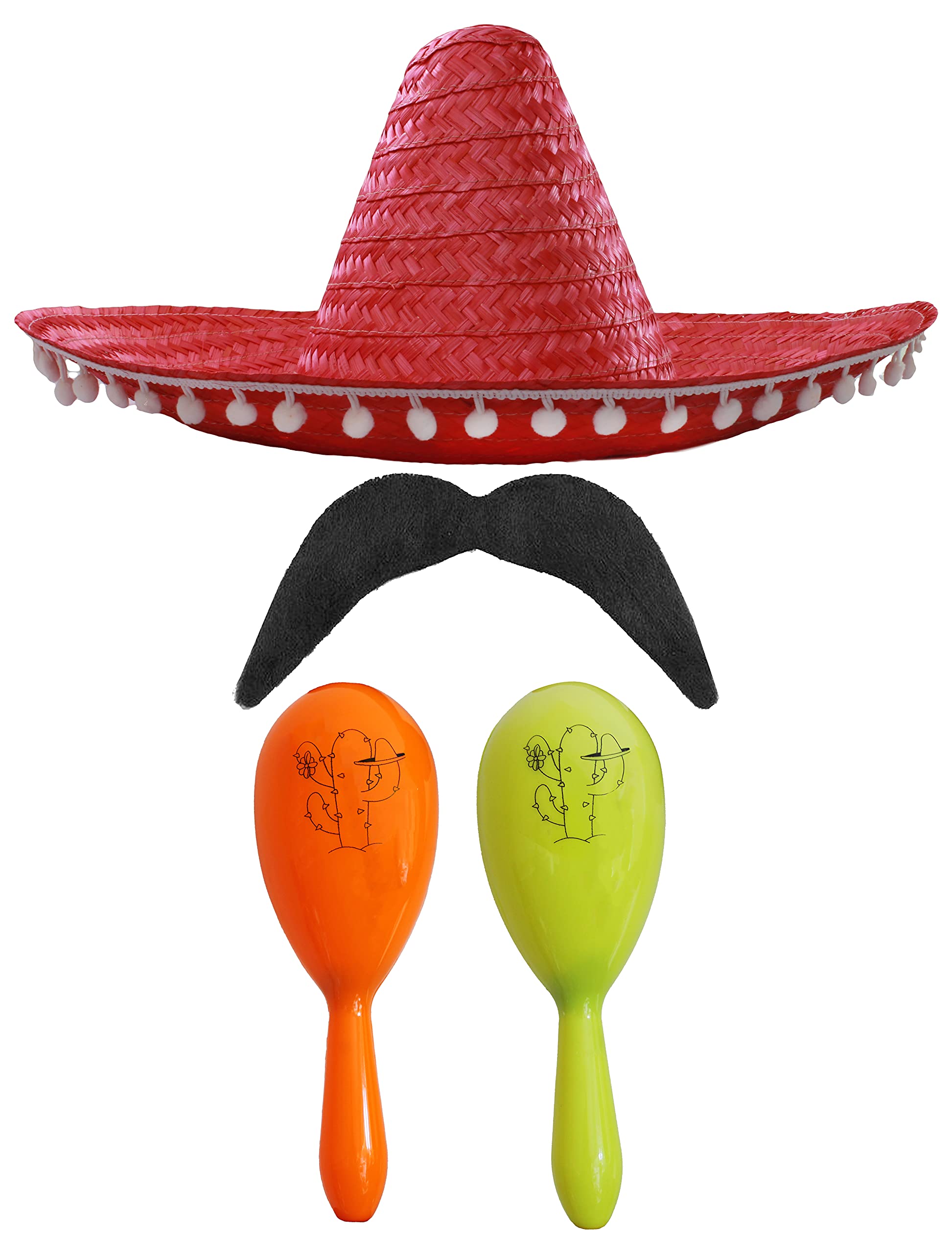 Adults Mexican Accessory Set - Natural Mexican Sombrero, Green & Yellow Maracas, Moustache - Mexican Cinco de Mayo Sensorita Bandit Mariachi Fancy Dress Costume Accessory Set — image 1