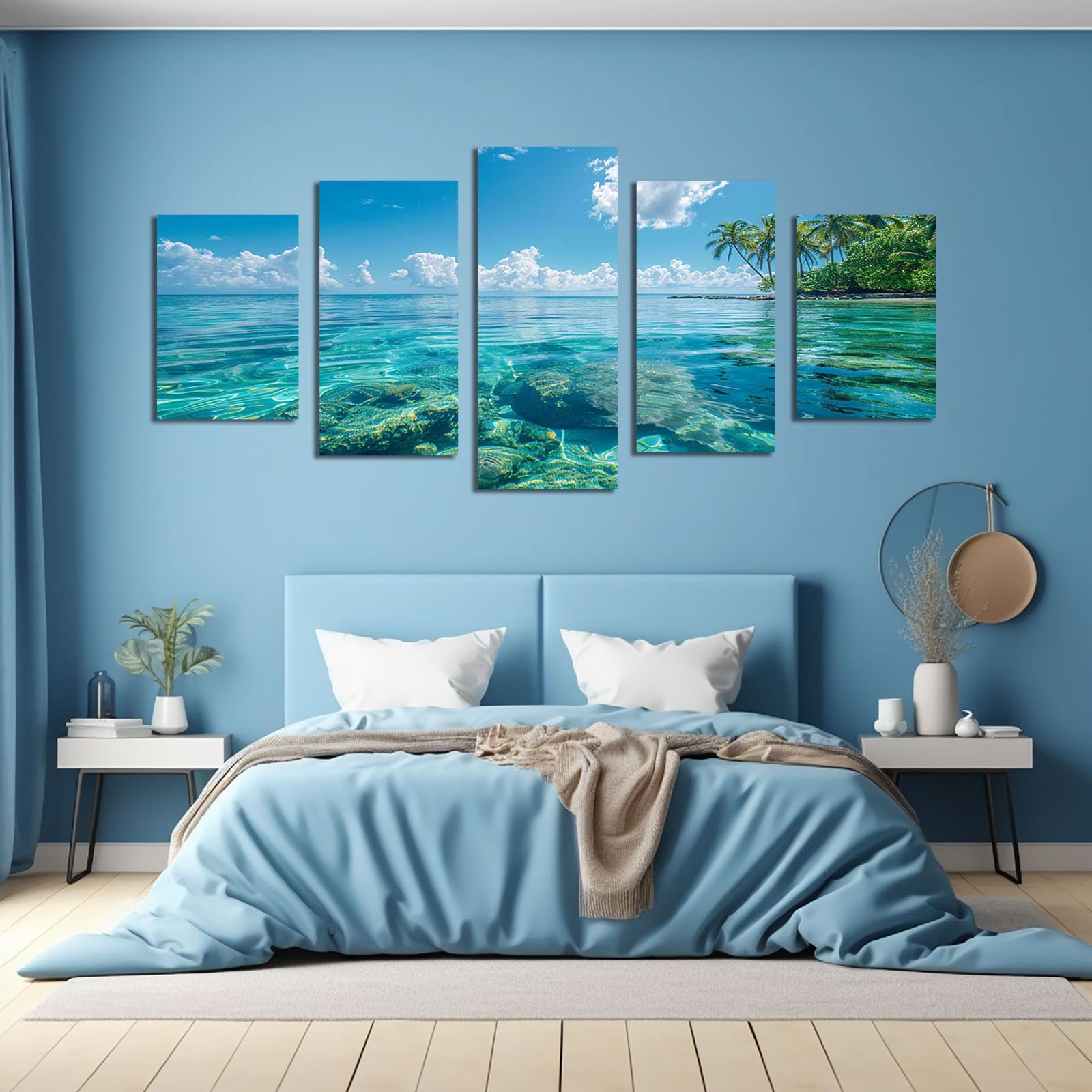 AMXBZC 5 Stück Abstraktes Nature Leinwand Bilder Kunstdrucke Wunderschöne Strandlandschaft Pflanze Wandbild -für Badezimmer Küche Wohnzimmer Wanddekoration(Blau 8)-100x200cm Ungerahmt