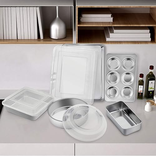 Miniatura 5 de TeamFar Juego de 8 utensilios para hornear de acero inoxidable, juego de moldes para hornear con tapa, molde para lasaña con tapa, molde cuadrado y