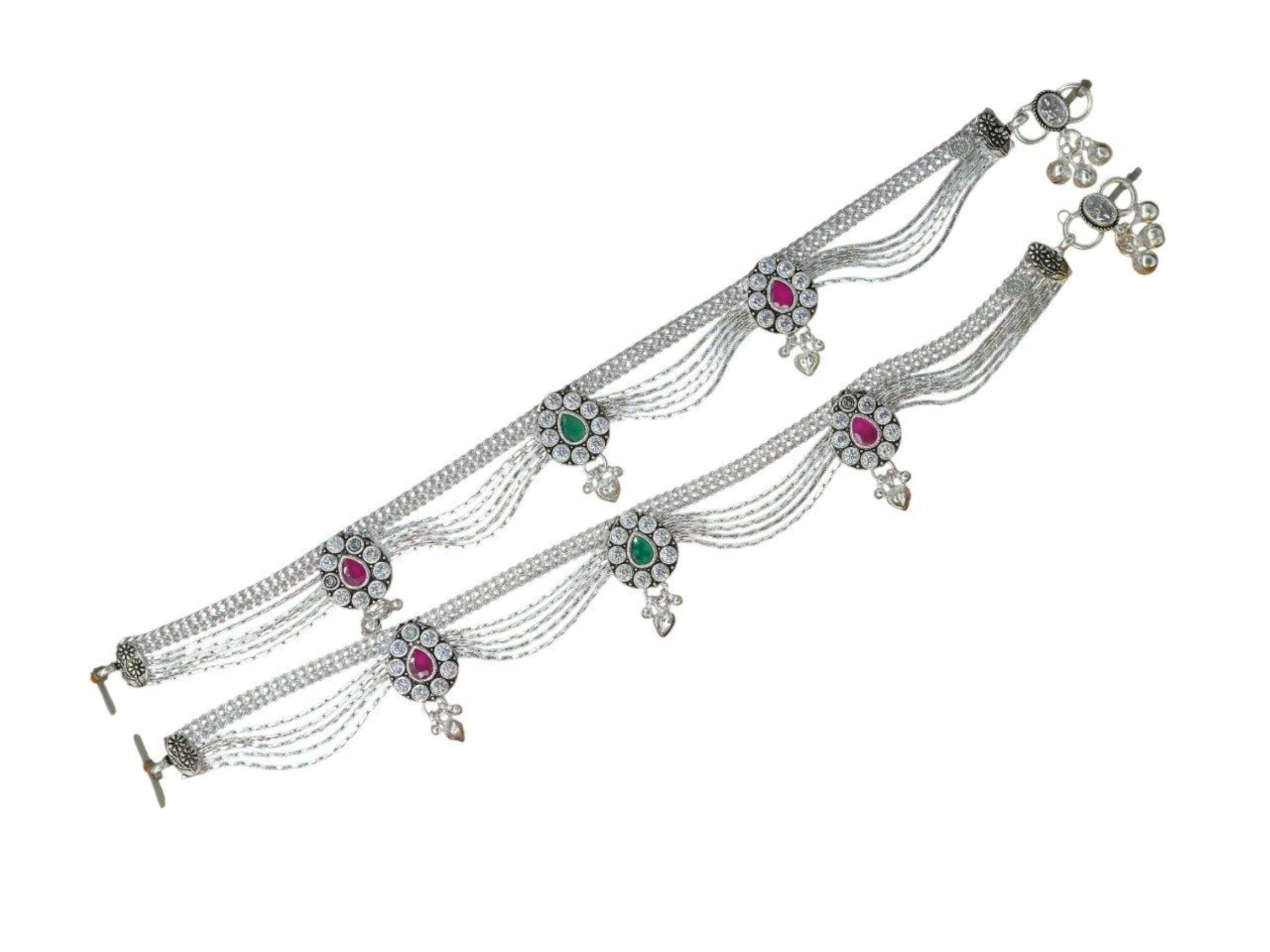 ratnrajya Womens Elegant Circular Motif Anklets Featuring Green and Pink Red Stones Fashion Jewellery with Dangling Beads-picture-43