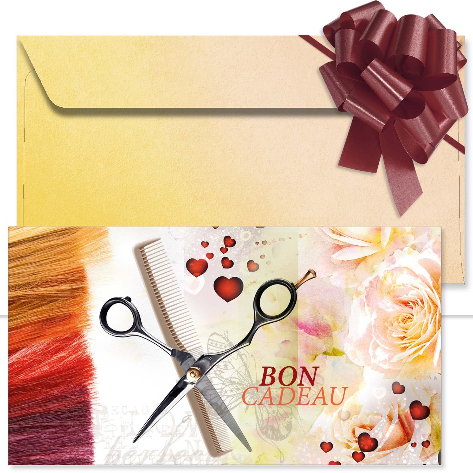 POS BON - 100 bons cadeaux à remplir avec enveloppe/nœud ruban - formulaires imprimés pour des salons de coiffure K1275F2-100-V1