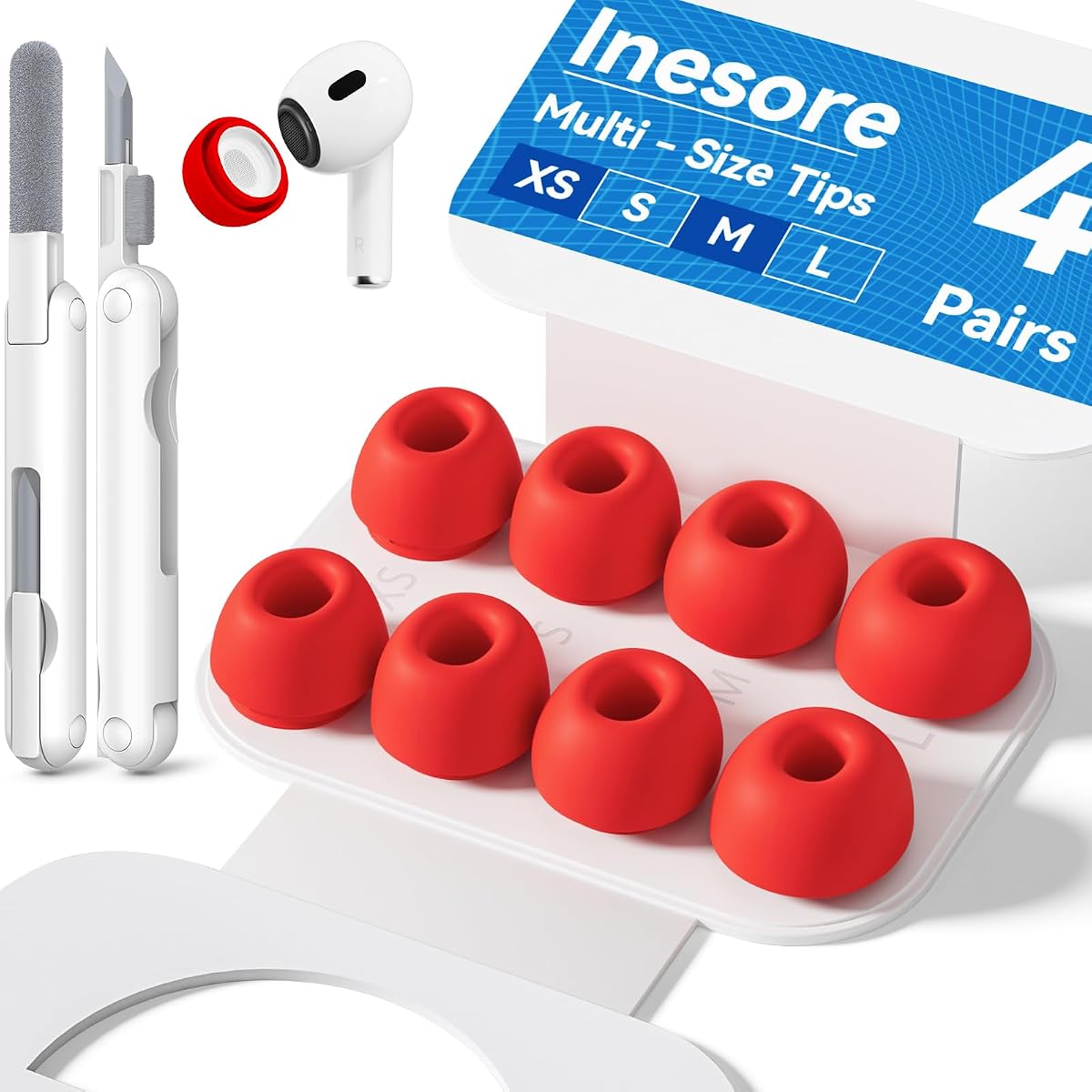 Inesore 4 pares de almohadillas de repuesto para AirPods Pro 2.º/1.º (rojo) | con orificio de reducción de ruido y pantalla protectora contra el polvo incorporada, silicona, con caja de almacenamiento portátil y bolígrafo limpiador, 4 tamaños (XS/S/M/L)
