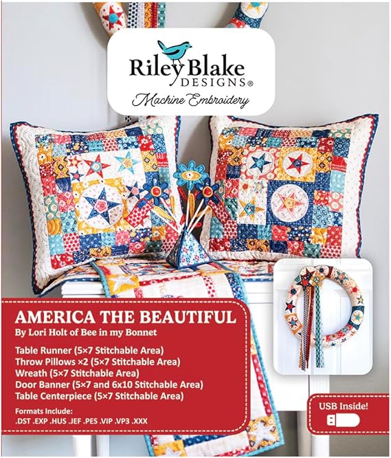 Riley Blake Machine Embroidery Patterns: Digital Design, Compatible with Major Machines, Scalable Sizes, and Detailed Instructions (Americana America the Beautiful)
