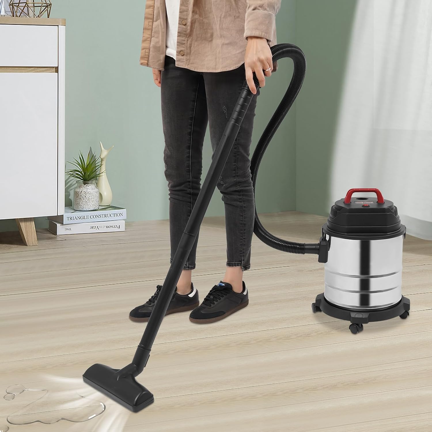 Stainless Steel Wet Dry Vacuum - 1500W Heavy-Duty Shop Vac with 5.28 Gallon Capacity - 4-Stage Filtration System and 18Kpa Suction Power - Ideal for Home, Garage and Commercial Cleaning