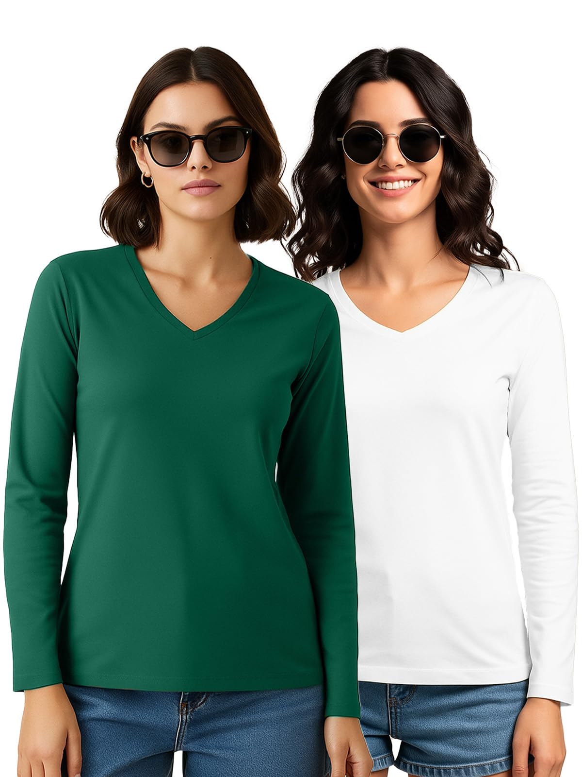 juneberry Pure Cotton Regular Fit Solid Core Full Sleeve V-Neck T-Shirt Combo for Women, Soft Fabric, Casual Wear, (Pack of 2), (Sizes S to XXL)-picture-41