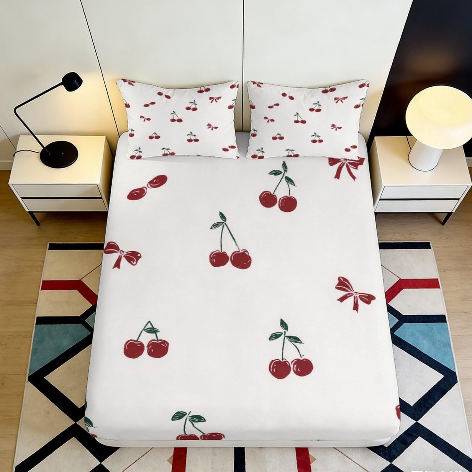 3D Printed Cherry Pattern Fitted Sheet Microfiber Soft Red Fruit Bed Cover for Bedroom Dorm Mattress Decor 90x200x25cm